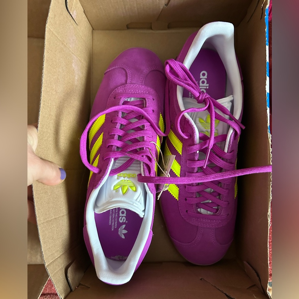New in box adidas Gazelles purple yellow women’s shoes